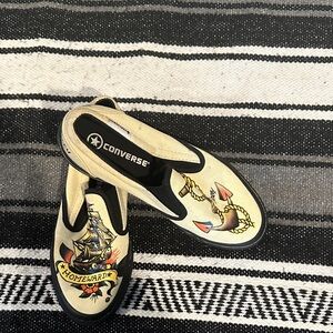SAILOR JERRY” Converse Wmns size 7.5 Nautical Slip-On Sneakers - Cream and Black